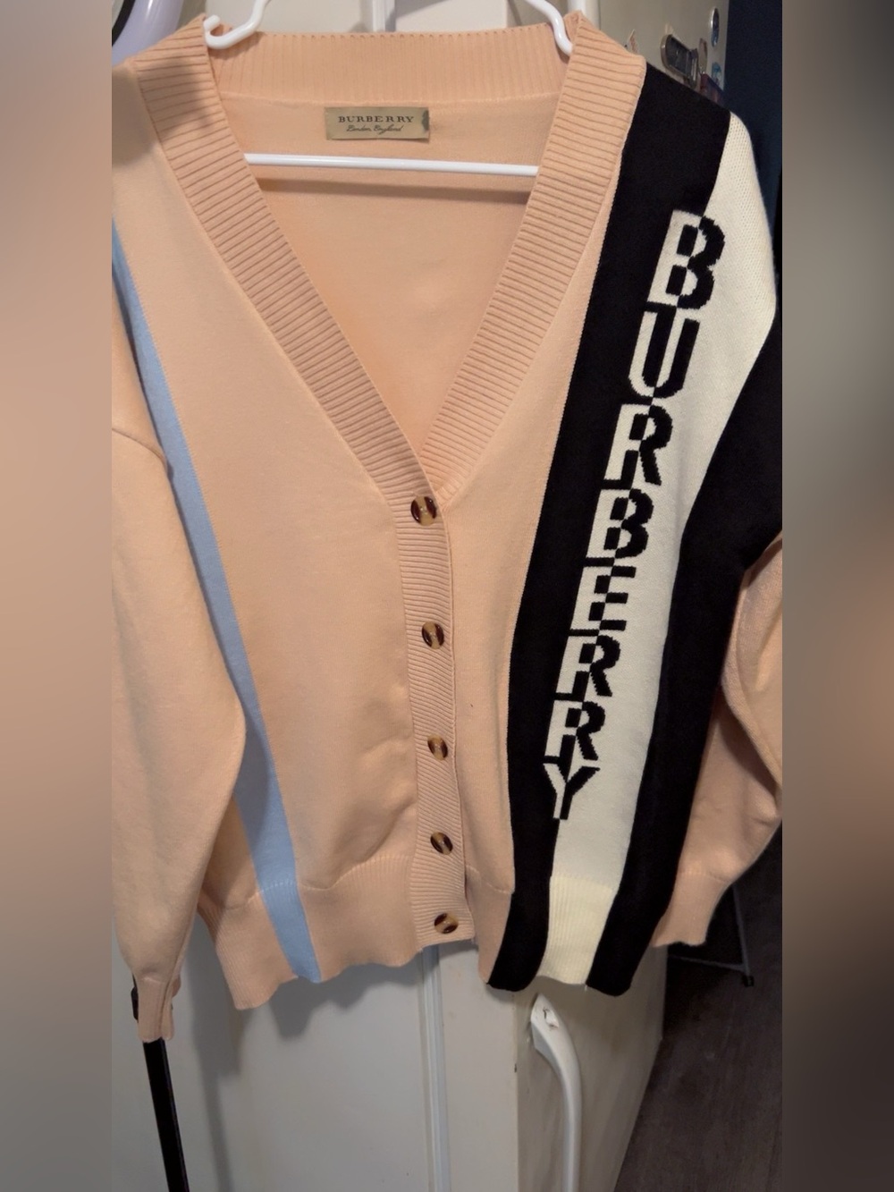 Burberry beige Cardigan with Black, baby blue and Cream Logo Stripe